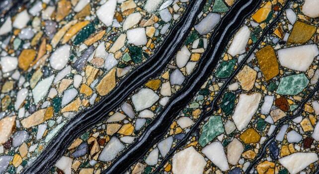 Close up view of a mosaic pattern with irregular colorful stones and dark wavy lines creating a textured abstract background photo