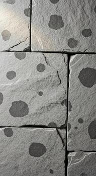 Close up view of textured grey stone wall with dark circular inclusions creating a natural patterned surface photo
