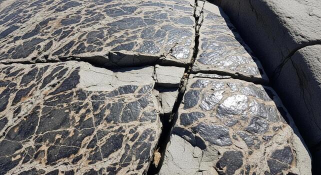 Close up view of a dark fractured rock surface with intricate light colored mineral veins creating a complex natural pattern photo