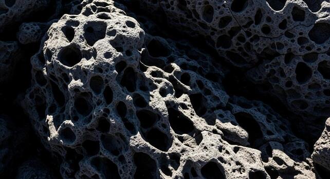 Abstract fractal organic texture with intricate porous structures and dramatic lighting creating a dark and mysterious visual photo