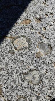 Close up view of a speckled granite surface with visible mineral inclusions and a diagonal shadow casting across it photo