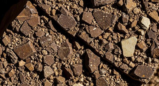 Close up abstract view of rough textured brown and reddish gravel and rocks with a distinct shadow line across the surface photo