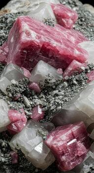 Close up macro view of raw pink tourmaline crystals embedded within a matrix of quartz and dark mineral inclusions photo