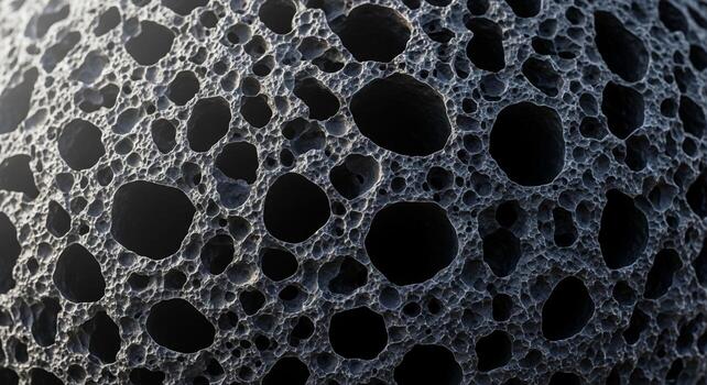 Close up abstract texture of dark porous material with irregular holes and shadows creating a unique pattern photo