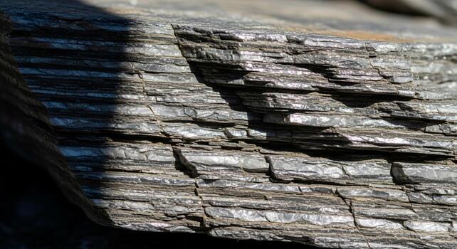 Close up view of layered sedimentary rock showing distinct horizontal strata and rough textured surface with shadow photo