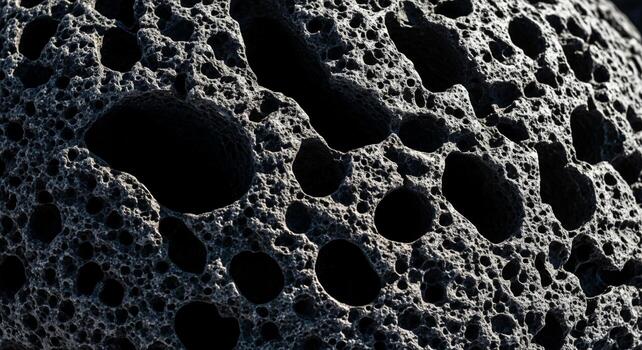 Close up abstract view of a dark porous surface with irregular holes and textured shadows creating a unique geological pattern photo