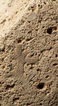 Intricate fossilized cross pattern etched into ancient rocky surface with pitted texture photo