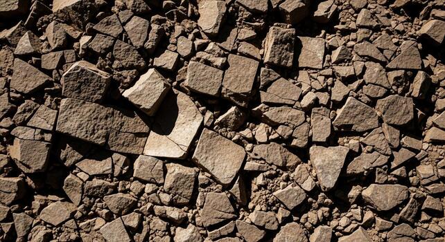 Close up view of a rough textured surface composed of numerous fragmented angular and irregularly shaped brown and gray rocks photo