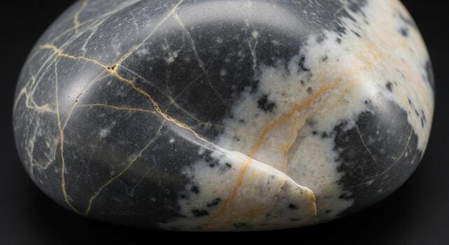 Close up abstract view of a polished smooth stone with swirling patterns of grey white and hints of blue and yellow photo