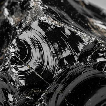 Close up abstract view of the dark glossy and reflective surface of obsidian rock showcasing its natural conchoidal fracture patterns photo