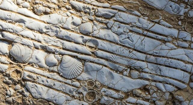 Close up view of ancient fossilized ammonites embedded within layered sedimentary rock formations showing intricate details and textures photo