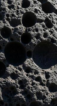 Close up view of a heavily cratered asteroid surface with deep shadowed impact craters and rough textured rock formations photo