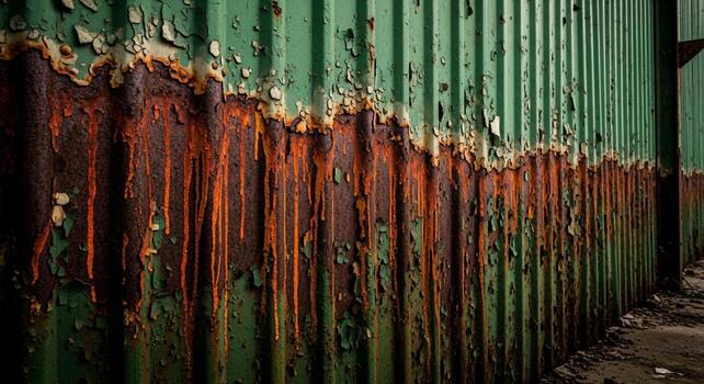 cerca arriba de un resistido verde acanalado metal pared con peladura pintar y rayas de oxido creando un texturizado resumen modelo foto