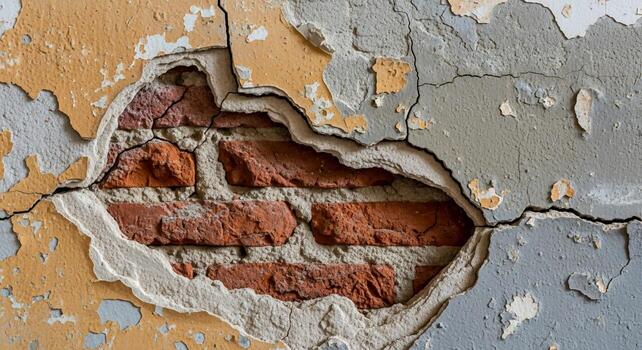 Close up view of a weathered and cracked wall revealing aged red bricks and textured plaster layers in a rustic setting photo