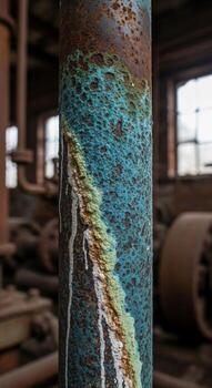 Close up of a weathered industrial pipe with vibrant green and orange rust patterns showcasing decay in an abandoned factory setting photo