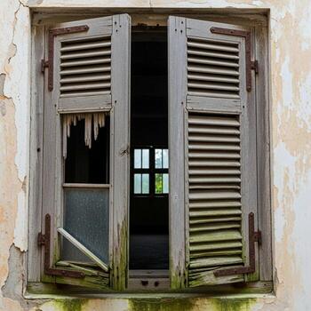 A window with shutters and a door with a broken lock photo