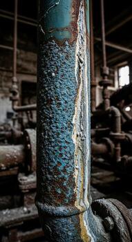 Close up of a heavily corroded and peeling industrial pipe with a textured surface in a dimly lit abandoned factory setting photo