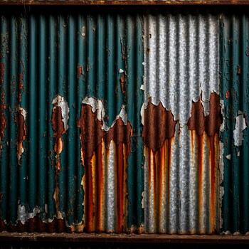 Close up of weathered corrugated metal siding with streaks of rust and peeling green paint creating an abstract textured background photo
