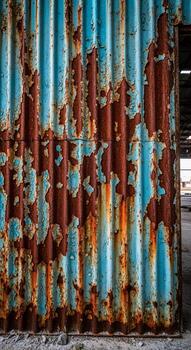 cerca arriba de un resistido acanalado metal pared con peladura azul pintar y extenso oxido patrones creando un texturizado resumen antecedentes foto