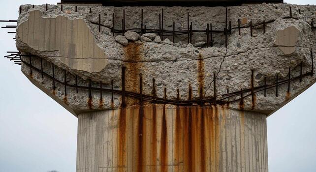 Close up view of a heavily damaged concrete pillar showing exposed rebar and rust stains from structural decay and weathering photo
