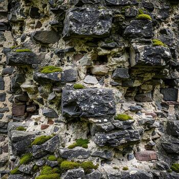 antiguo Roca pared textura con parches de verde musgo y liquen demostración años y meteorización foto