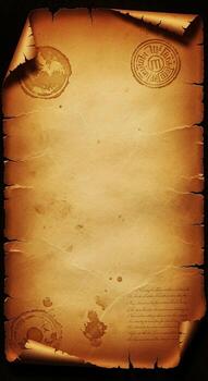 Aged parchment scroll with torn edges and wax seals evoking historical documents and ancient maps photo