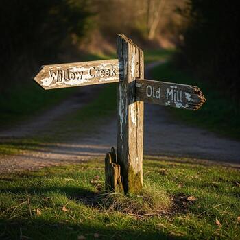 A weathered wooden signpost with multiple directional arrows points the way through a sunlit forest path photo
