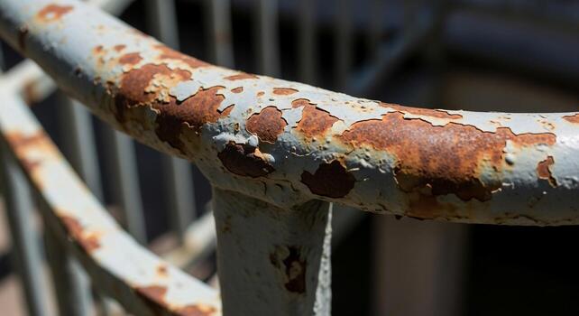Close up of a weathered metal railing with peeling paint and significant rust patches showing signs of age and decay photo