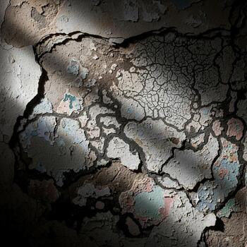 Close up of cracked dry earth with intricate patterns of dark lines and shadows creating a textured abstract landscape photo