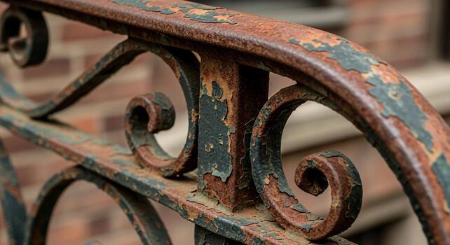 Close up of a weathered and rusty wrought iron railing with ornate scrollwork and peeling paint showing its age and texture photo