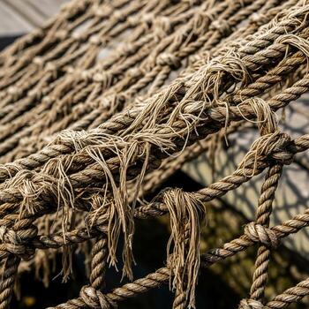 Close up view of a weathered textured fishing net with frayed ropes and intricate knotwork suggesting maritime use and age photo