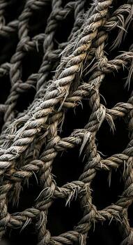 Close up textured abstract view of weathered interwoven natural fiber rope forming a dense net pattern with dark shadows photo
