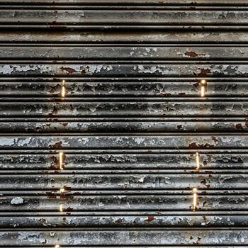 Grungy weathered corrugated metal security shutter with visible rust and peeling paint creating a textured abstract background photo