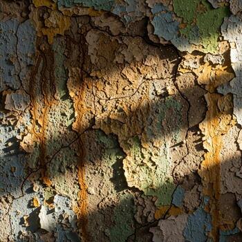 Close up view of textured tree bark with dappled sunlight creating shadows and highlighting earthy tones and subtle green hues photo