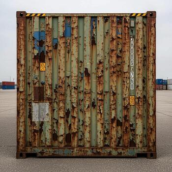 Weathered and rusted shipping container stands alone on an empty lot under a cloudy sky photo
