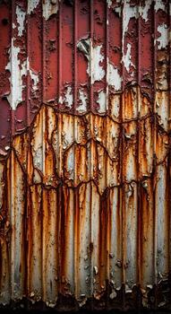 cerca arriba de resistido acanalado metal con peladura rojo pintar y extenso oxido rayas creando un texturizado resumen modelo foto