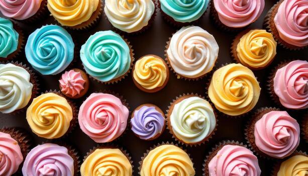 A symmetrical arrangement of pastel cupcakes with creamy buttercream swirls. photo