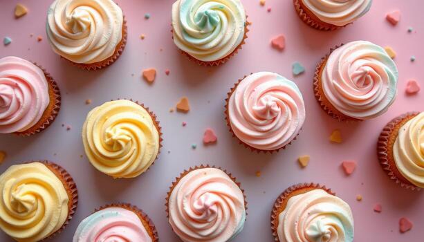 A pastel themed dessert flat lay with cupcakes topped with glossy buttercream frosting. photo