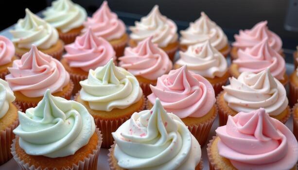 suave pastel magdalenas con sedoso crema de mantequilla Crema desplegado debajo difundido ligero. foto