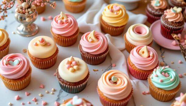 A modern minimal table with pastel cupcakes and intricate buttercream detailing. photo