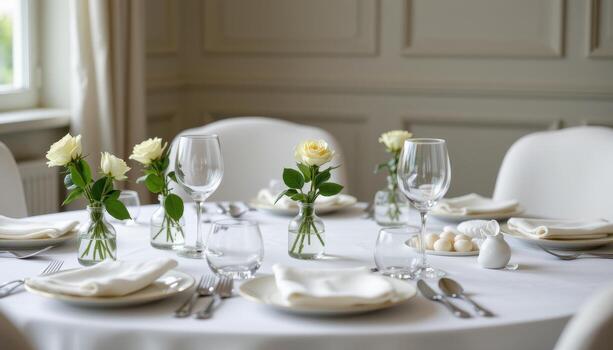 A minimalist yet elegant table layout with white roses in small vases and clean, symmetrical tableware. photo