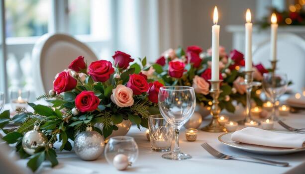 A sophisticated holiday table with roses, crystal ornaments, and festive candles. photo