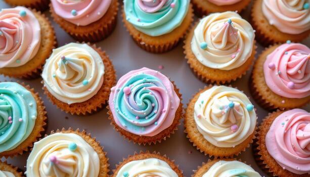 Pastel cupcakes topped with creamy buttercream and shimmering accents arranged in harmony. photo