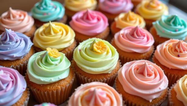 A beautiful array of pastel cupcakes with creamy buttercream in gradient pastel tones. photo