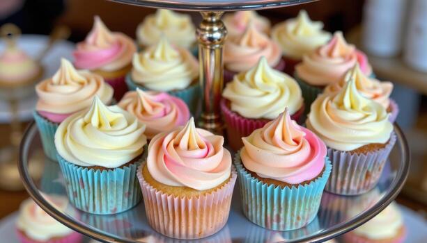 Pastel cupcakes with creamy buttercream frosting displayed elegantly on a tiered stand. photo