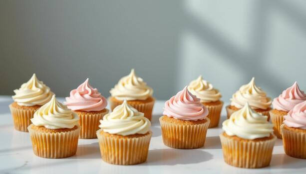 A refined table of pastel cupcakes with soft buttercream and delicate minimal lighting. photo