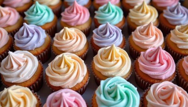 Beautiful pastel cupcakes arranged neatly with swirls of creamy buttercream frosting. photo