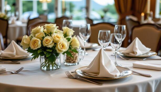 A refined dining table with white roses, folded napkins, and polished silver plates. photo