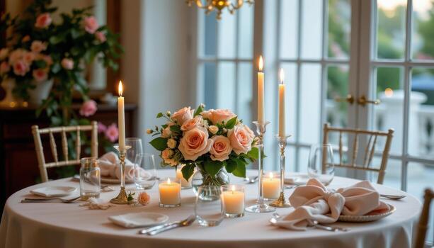 A soft candlelight table adorned with roses and mirrored decorative elements. photo