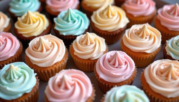 A delicate cupcake display in pastel colors, topped with perfectly piped buttercream swirls. photo